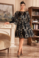 Laden Sie das Bild in den Galerie-Viewer, Schwarzes Glitzer Paillettenkleid aus den 1920er Jahren mit Fledermausärmeln