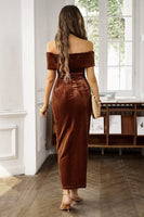 Laden Sie das Bild in den Galerie-Viewer, Braunes schulterfreies figurbetontes Arbeitskleid