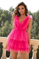 Laden Sie das Bild in den Galerie-Viewer, Rotes kurzes Cocktailkleid mit tiefem V-Ausschnitt und Rüschen