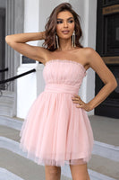 Laden Sie das Bild in den Galerie-Viewer, Rosa trägerloses A-Linie Tüll Kurzes Cocktailkleid