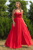 Laden Sie das Bild in den Galerie-Viewer, Schwarzes Spaghettiträger A Linie Tüll Langes Ballkleid