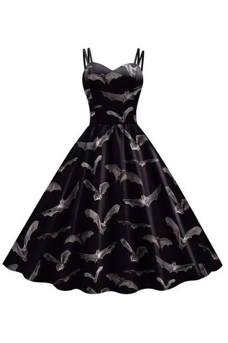 Fledermaus Stickerei Halloween Schwarzes Vintage Kleid