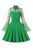 Laden Sie das Bild in den Galerie-Viewer, Kariertes langärmeliges grünes Vintage Kleid