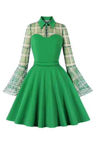 Kariertes langärmeliges grünes Vintage Kleid