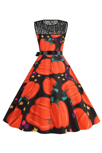 Halloween Kürbis bedrucktes Orange Vintage Kleid