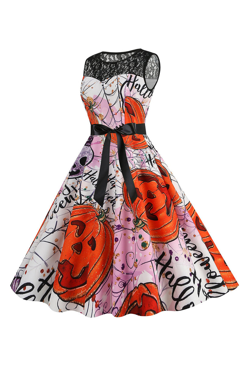 Laden Sie das Bild in den Galerie-Viewer, Halloween Kürbis bedrucktes Orange Vintage Kleid