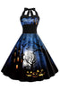 Laden Sie das Bild in den Galerie-Viewer, Blaues Vintage Kleid mit Halloween Drucken