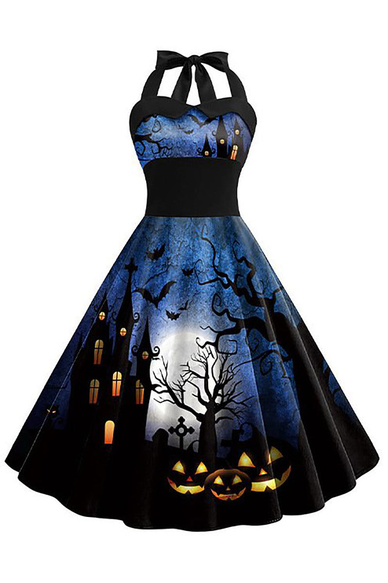 Laden Sie das Bild in den Galerie-Viewer, Blaues Vintage Kleid mit Halloween Drucken