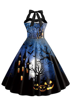 Blaues Vintage Kleid mit Halloween Drucken