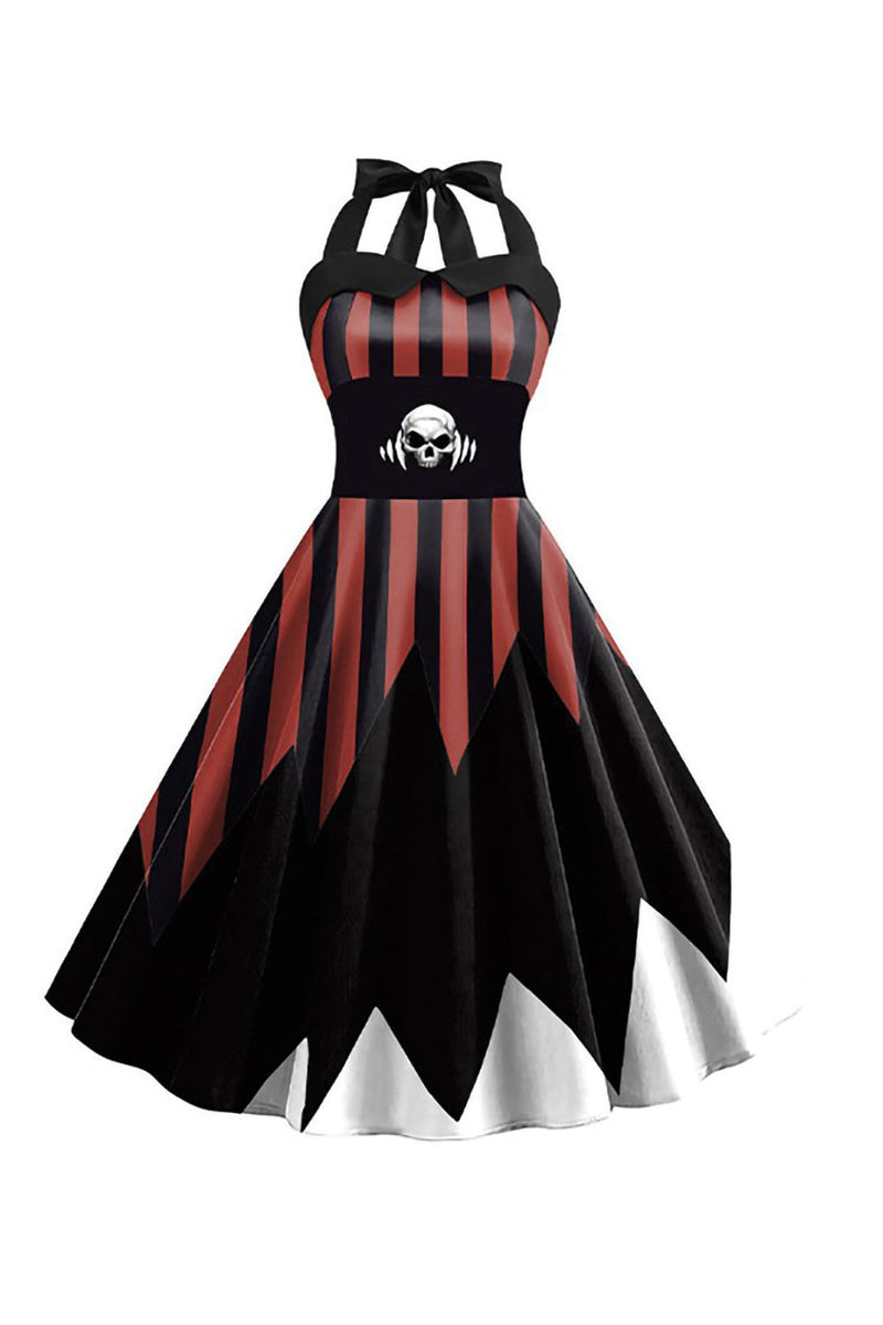 Laden Sie das Bild in den Galerie-Viewer, Halloween Totenkopf Bedrucktes Neckholder Schwarz Braun Vintage Kleid