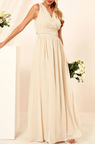 Aprikose A-Linie Chiffon mit V-Ausschnitt bodenlanges Brautjungfernkleid