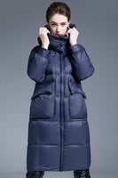 Laden Sie das Bild in den Galerie-Viewer, Marineblaue lange Winter-Daunenjacke mit Taschen