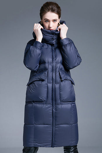 Marineblaue lange Winter-Daunenjacke mit Taschen