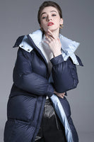Laden Sie das Bild in den Galerie-Viewer, Marineblaue lange Winter-Daunenjacke mit Taschen