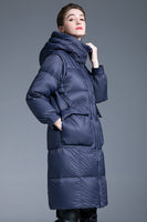 Laden Sie das Bild in den Galerie-Viewer, Marineblaue lange Winter-Daunenjacke mit Taschen