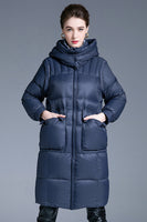 Laden Sie das Bild in den Galerie-Viewer, Marineblaue lange Winter-Daunenjacke mit Taschen