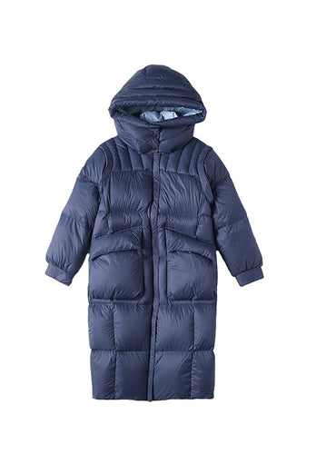 Marineblaue lange Winter-Daunenjacke mit Taschen