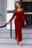 Laden Sie das Bild in den Galerie-Viewer, Rotes glitzerndes langärmeliges Festtagskleid mit Schlitz