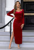 Laden Sie das Bild in den Galerie-Viewer, Rotes glitzerndes langärmeliges Festtagskleid mit Schlitz