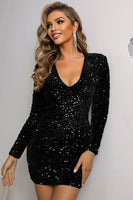 Laden Sie das Bild in den Galerie-Viewer, Schwarzes glitzerndes Partykleid mit Pailletten und tiefem V-Ausschnitt