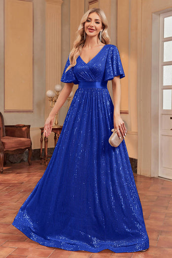 Königsblaues Pailletten Abendkleid in A-Linie mit V-Ausschnitt