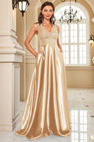 Laden Sie das Bild in den Galerie-Viewer, Marineblaues Abendkleid aus Satin in A-Linie mit Pailletten