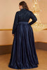 Laden Sie das Bild in den Galerie-Viewer, Marineblaues A-Linie Kleid mit langen Ärmeln in Übergröße mit Pailletten