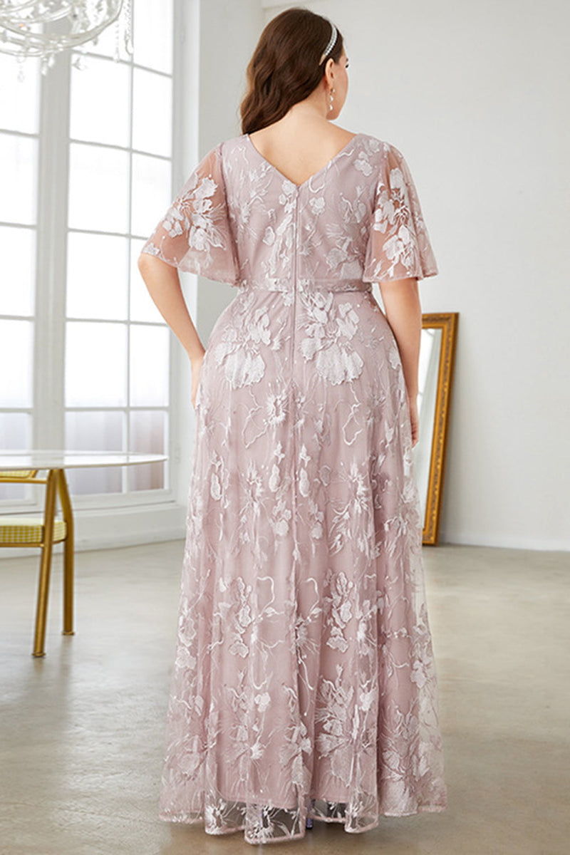 Laden Sie das Bild in den Galerie-Viewer, Graues rosa A-Linie Kleid mit V-Ausschnitt und besticktem Ballkleid in Übergröße