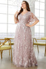 Laden Sie das Bild in den Galerie-Viewer, Graues rosa A-Linie Kleid mit V-Ausschnitt und besticktem Ballkleid in Übergröße