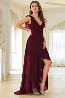 Laden Sie das Bild in den Galerie-Viewer, A-Linie burgunderrotes Chiffon Abschlussballkleid mit V-Ausschnitt