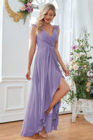 Laden Sie das Bild in den Galerie-Viewer, A-Linie burgunderrotes Chiffon Abschlussballkleid mit V-Ausschnitt