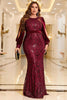 Laden Sie das Bild in den Galerie-Viewer, Glitzerndes burgunderrotes Abendkleid in Übergröße mit langen Ärmeln