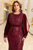 Laden Sie das Bild in den Galerie-Viewer, Glitzerndes burgunderrotes Abendkleid in Übergröße mit langen Ärmeln