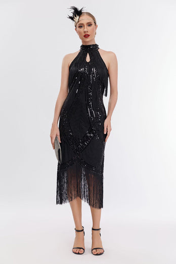 Glitzer Neckholder Fransen Gatsby Kleid mit ärmellos