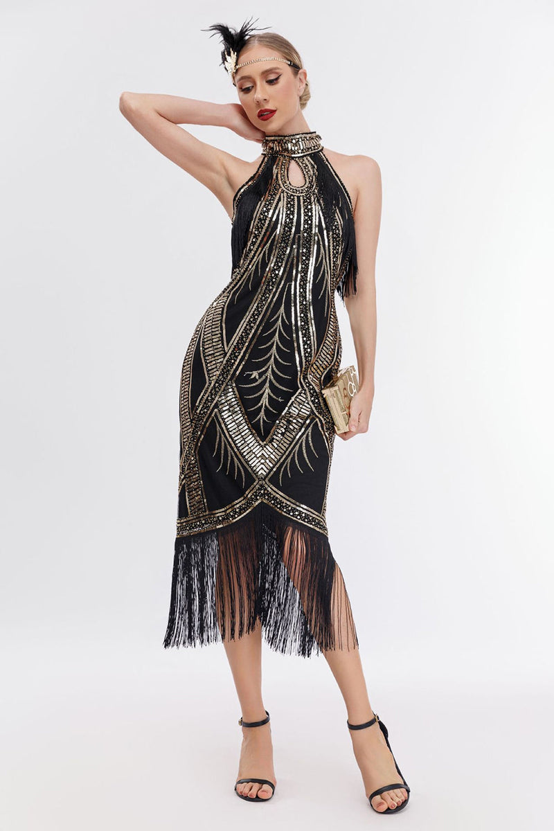 Laden Sie das Bild in den Galerie-Viewer, Glitzer Neckholder Fransen Gatsby Kleid mit ärmellos
