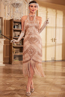 Laden Sie das Bild in den Galerie-Viewer, Champagner Glitzer Neckholder Fransenkleid aus den 1920er Jahren mit ärmellosen