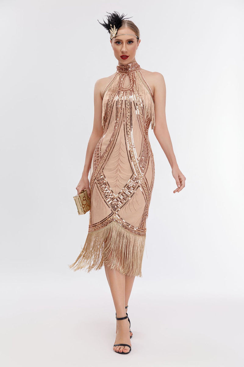 Laden Sie das Bild in den Galerie-Viewer, Glitzer Neckholder Fransen Gatsby Kleid mit ärmellos