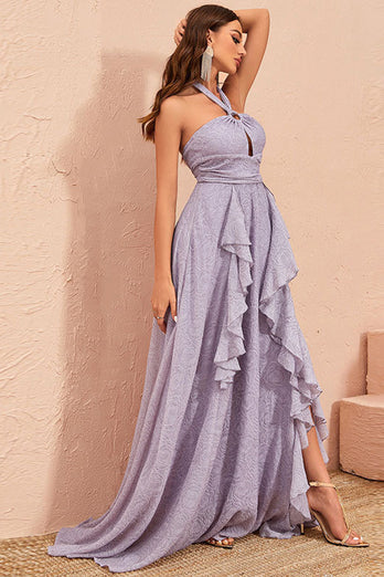 Graues lila Abendkleid mit A-Linie Prägung und Schlitz