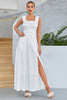 Laden Sie das Bild in den Galerie-Viewer, Weißes A-Linie Kleid mit quadratischem Ausschnitt und langem Ballkleid
