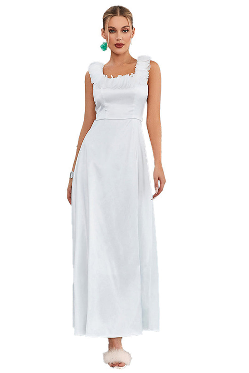 Laden Sie das Bild in den Galerie-Viewer, Weißes A-Linie Kleid mit quadratischem Ausschnitt und langem Ballkleid