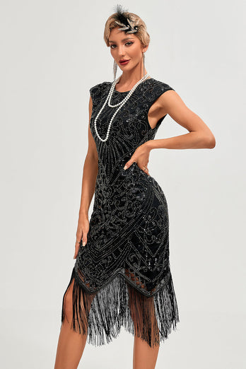 Glitzerndes schwarzes perlenbesetztes Gatsby Kleid mit Fransen aus den 1920er Jahren