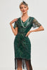 Laden Sie das Bild in den Galerie-Viewer, Glitzerndes dunkelgrünes perlenbesetztes Fransen Kappenärmelkleid aus den 1920er Jahren