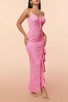 Laden Sie das Bild in den Galerie-Viewer, Rosa Spitze Partykleid mit Rüschen und Schlitz