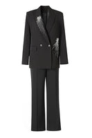 Laden Sie das Bild in den Galerie-Viewer, Glitzernder schwarzer perlenbesetzter 2-teiliger zweireihiger Damenanzug