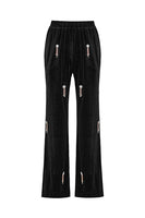 Laden Sie das Bild in den Galerie-Viewer, Schwarzer perlenbesetzter 2-teiliger Damenanzug aus Samt mit Schnürung