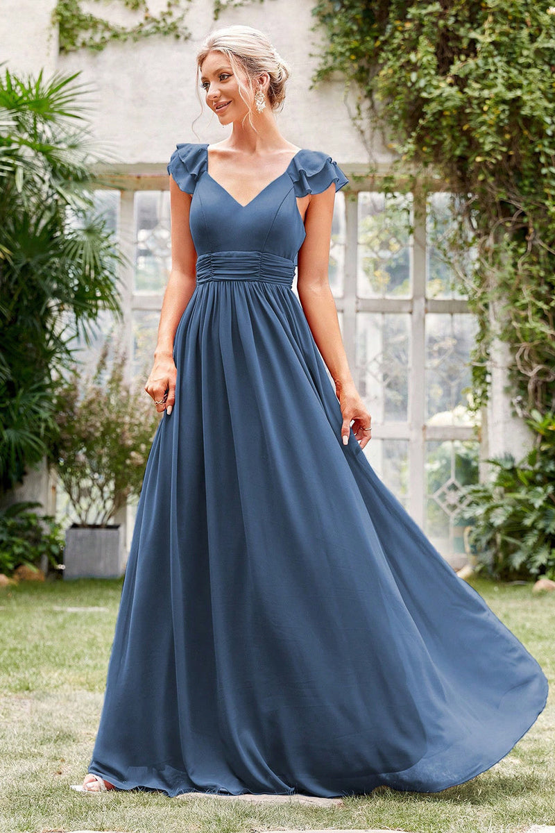 Laden Sie das Bild in den Galerie-Viewer, A-Linie Kleid mit V-Ausschnitt in Graublau