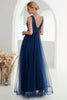 Laden Sie das Bild in den Galerie-Viewer, Marineblaues langes formelles Kleid aus Tüll in A-Linie mit Schlitz
