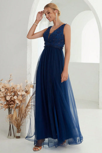 Marineblaues langes formelles Kleid aus Tüll in A-Linie mit Schlitz