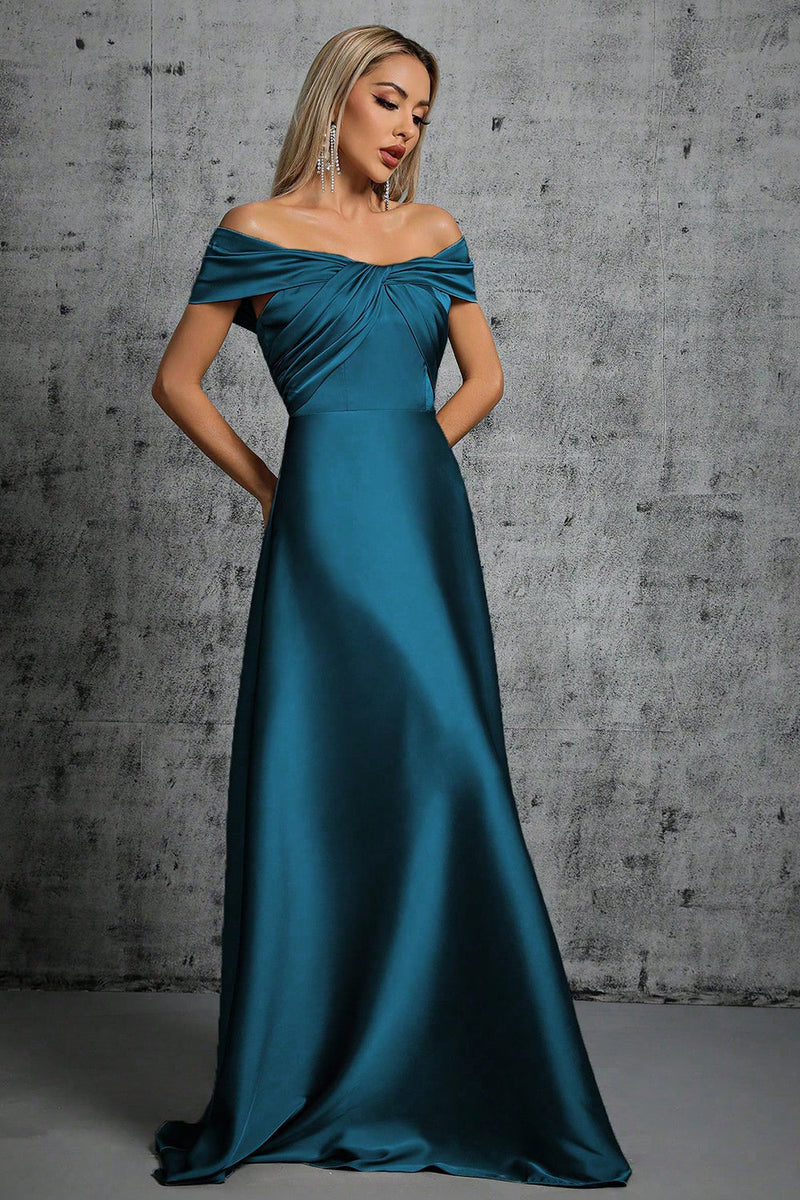 Laden Sie das Bild in den Galerie-Viewer, Pfauenblaues schulterfreies Abendkleid aus Satin