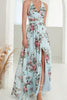 Laden Sie das Bild in den Galerie-Viewer, Bedrucktes hellblaues Neckholder Kleid für die Hochzeitsfeier mit Schlitz